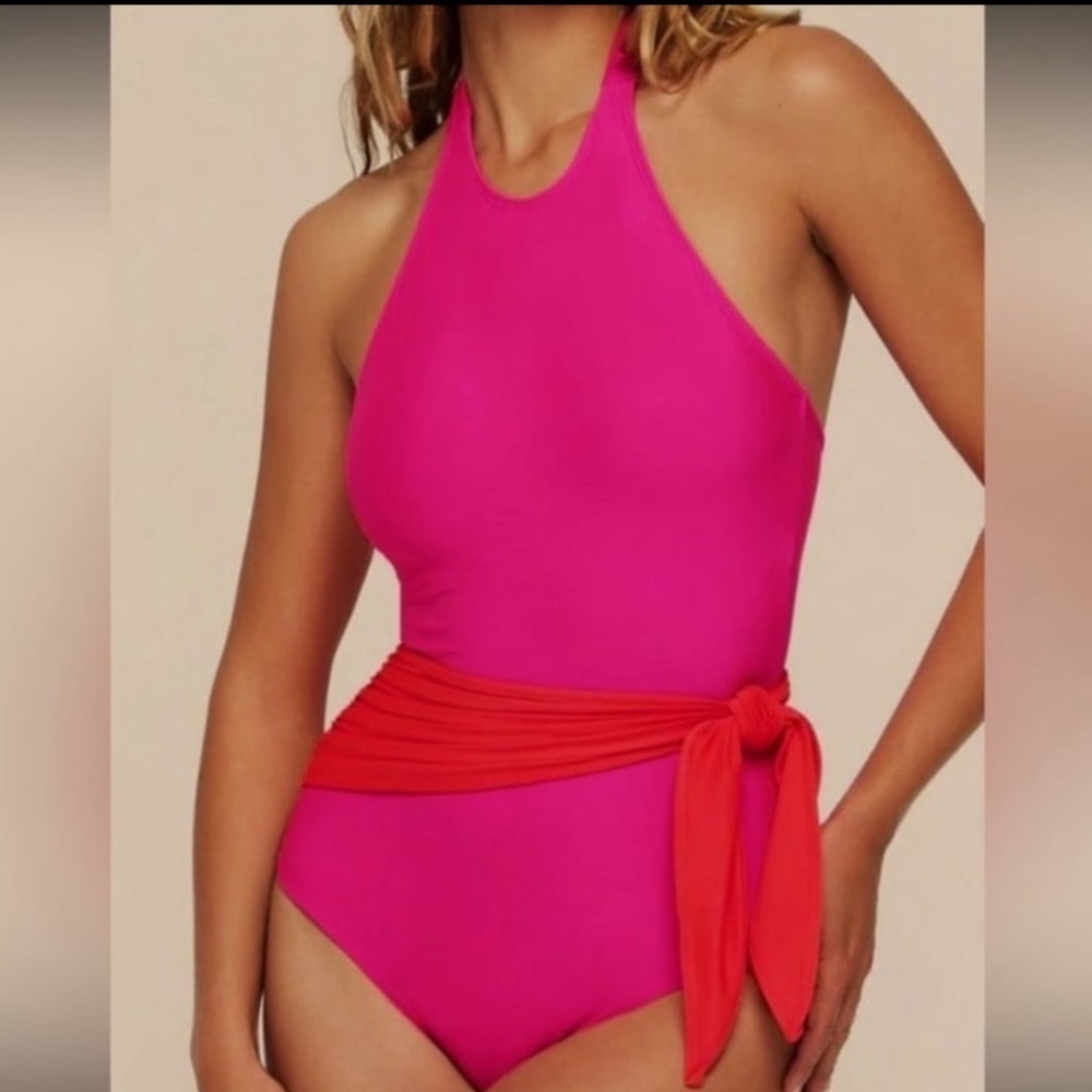 Hermoza Womens Hot Pink Red Sash Halter One Piece Swimsuit Size 10 Colombia - Picture 1 of 7